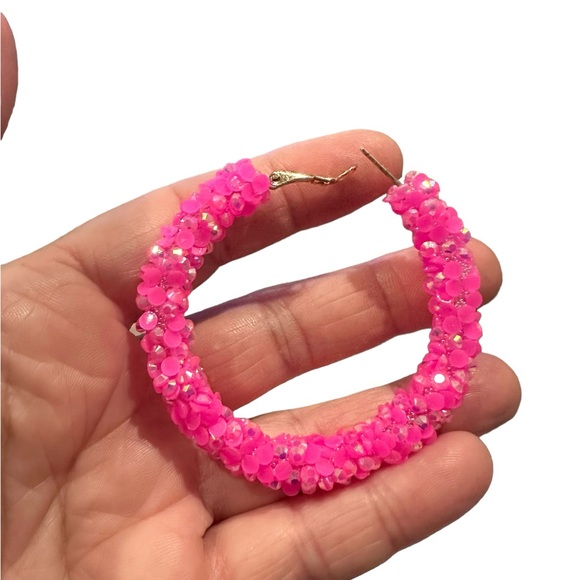 Pink Sequin with Silver Flecks Large Hoop Earrings - Picture 2 of 6